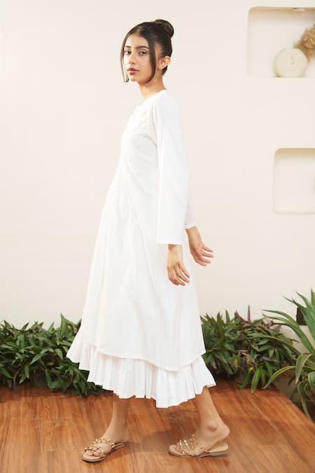 Buy_Ourdve_White Cotton Embroidered Pearl Round Embellished Yoke Dress _Online_at_Aza_Fashions