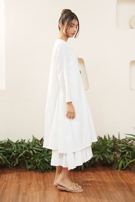 Shop_Ourdve_White Cotton Embroidered Pearl Round Embellished Yoke Dress _Online_at_Aza_Fashions