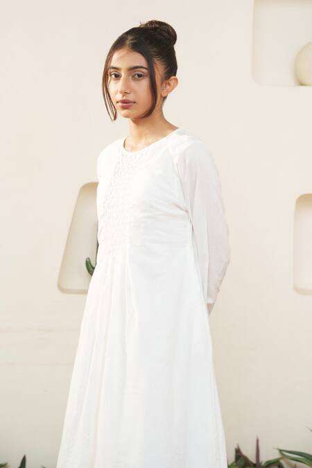 Ourdve_White Cotton Embroidered Pearl Round Embellished Yoke Dress _at_Aza_Fashions