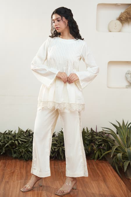 OurDve Beige Cotton Round Floral Cutwork Hem Top And Pant Set 