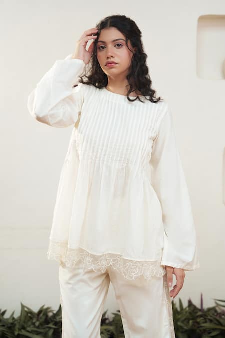 Ourdve Beige Cotton Cut Work Round Neck Floral Hem Top And Pant Set Online at Aza Fashions Ourdve_Beige Cotton Cut Work Round Neck Floral Hem Top And Pant Set _Online_at_Aza_Fashions