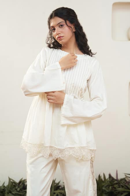 Buy Ourdve Beige Cotton Cut Work Round Neck Floral Hem Top And Pant Set Online at Aza Fashions Buy_Ourdve_Beige Cotton Cut Work Round Neck Floral Hem Top And Pant Set _Online_at_Aza_Fashions