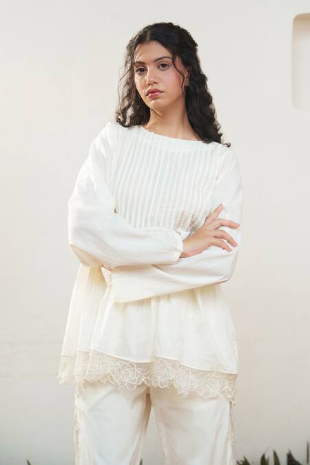 Shop Ourdve Beige Cotton Cut Work Round Neck Floral Hem Top And Pant Set Online at Aza Fashions Shop_Ourdve_Beige Cotton Cut Work Round Neck Floral Hem Top And Pant Set _Online_at_Aza_Fashions