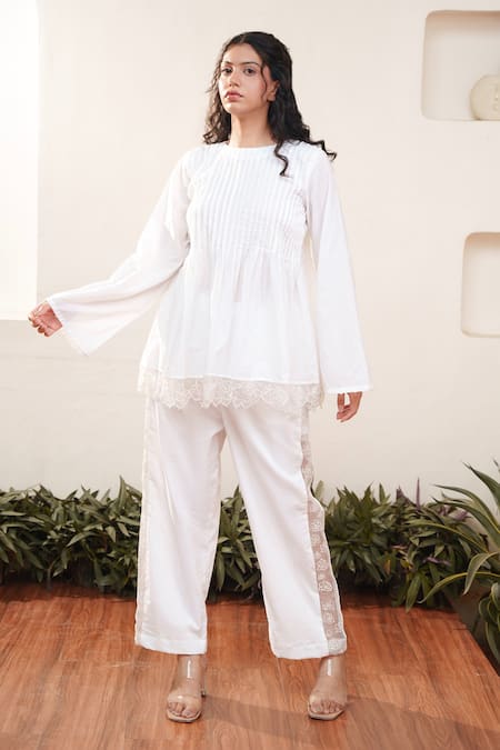 Buy Ourdve Beige Cotton Cut Work Round Neck Floral Hem Top And Pant Set Buy_Ourdve_Beige Cotton Cut Work Round Neck Floral Hem Top And Pant Set