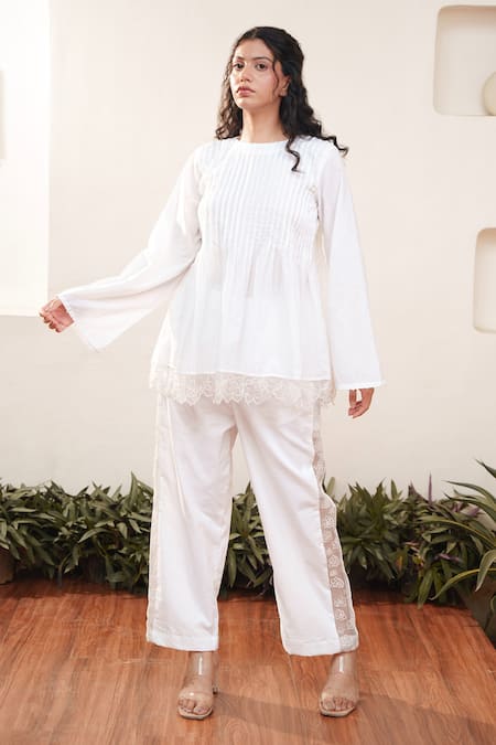 OurDve White Cotton Cut Work, Embroidery Round Neck Pleated Top And Pant Set Online at Aza Fashions OurDve_White Cotton Cut Work, Embroidery Round Neck Pleated Top And Pant Set _Online_at_Aza_Fashions