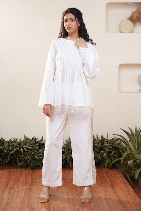 Buy OurDve White Cotton Cut Work, Embroidery Round Neck Pleated Top And Pant Set Online at Aza Fashions Buy_OurDve_White Cotton Cut Work, Embroidery Round Neck Pleated Top And Pant Set _Online_at_Aza_Fashions