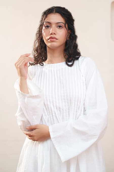 OurDve White Cotton Cut Work, Embroidery Round Neck Pleated Top And Pant Set at Aza Fashions OurDve_White Cotton Cut Work, Embroidery Round Neck Pleated Top And Pant Set _at_Aza_Fashions
