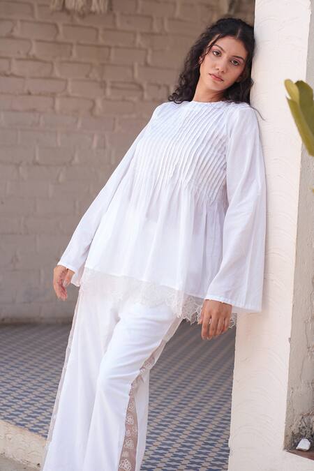 Buy OurDve White Cotton Cut Work, Embroidery Round Neck Pleated Top And Pant Set Buy_OurDve_White Cotton Cut Work, Embroidery Round Neck Pleated Top And Pant Set