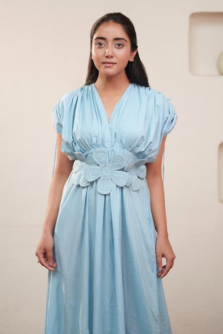 Ourdve_Blue Cotton V Neck Gathered Yoke Midi Dress _at_Aza_Fashions