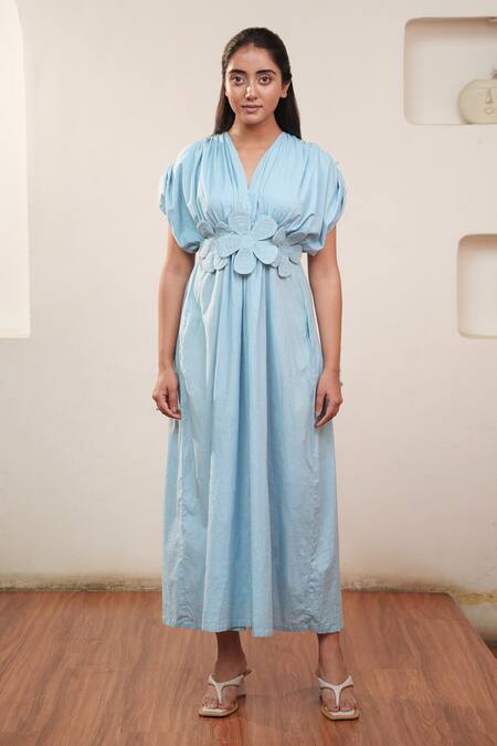 Buy_Ourdve_Blue Cotton V Neck Gathered Yoke Midi Dress 