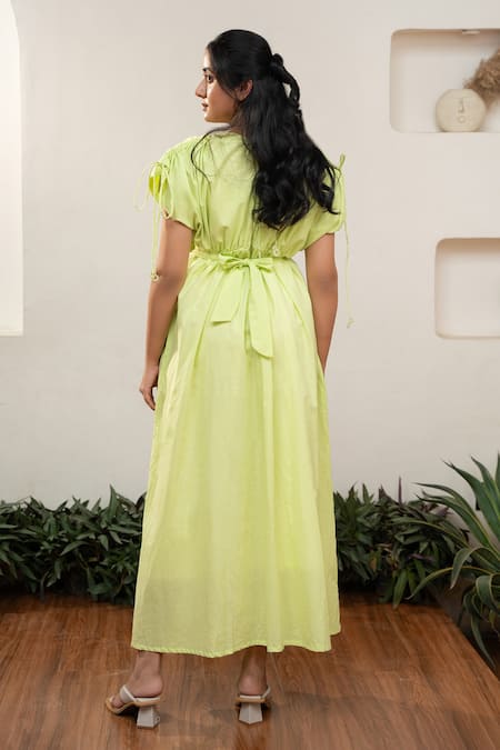 Shop OurDve Green Cotton V-neck Gathered Yoke Drawstring Midi Dress at Aza Fashions Shop_OurDve_Green Cotton V-neck Gathered Yoke Drawstring Midi Dress _at_Aza_Fashions