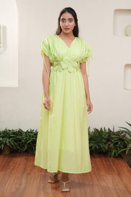 OurDve Green Cotton V-neck Gathered Yoke Drawstring Midi Dress Online at Aza Fashions OurDve_Green Cotton V-neck Gathered Yoke Drawstring Midi Dress _Online_at_Aza_Fashions