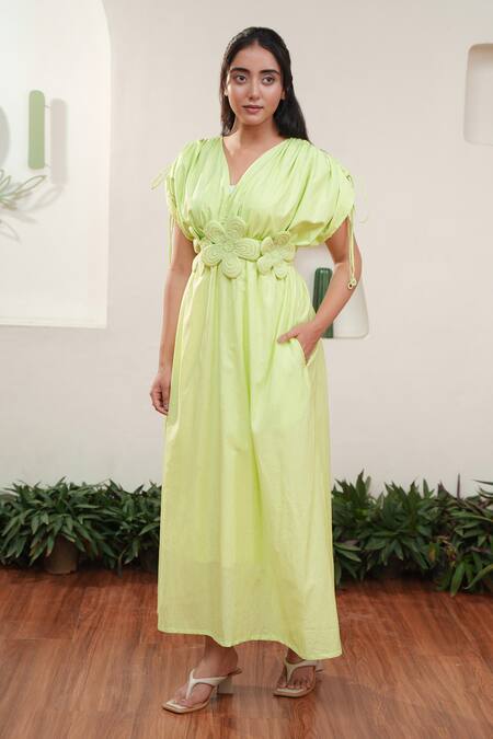 Buy OurDve Green Cotton V-neck Gathered Yoke Drawstring Midi Dress Online at Aza Fashions Buy_OurDve_Green Cotton V-neck Gathered Yoke Drawstring Midi Dress _Online_at_Aza_Fashions