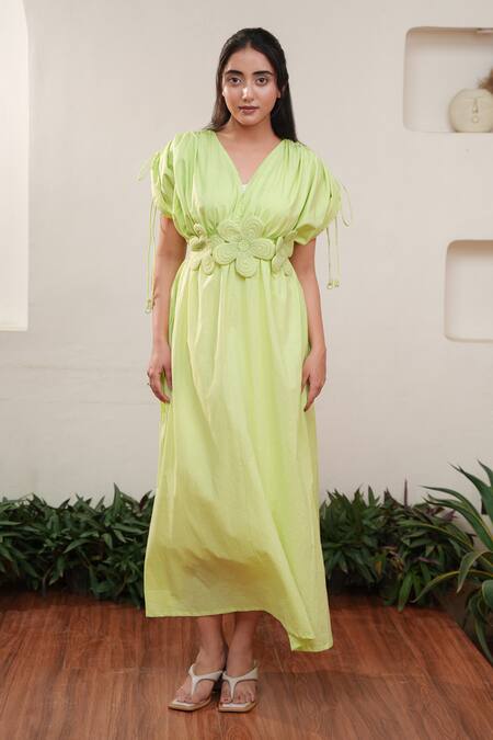 OurDve Green Cotton V-neck Gathered Yoke Drawstring Midi Dress at Aza Fashions OurDve_Green Cotton V-neck Gathered Yoke Drawstring Midi Dress _at_Aza_Fashions
