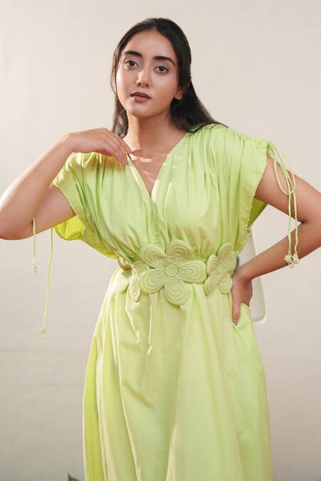 Buy OurDve Green Cotton V-neck Gathered Yoke Drawstring Midi Dress Buy_OurDve_Green Cotton V-neck Gathered Yoke Drawstring Midi Dress