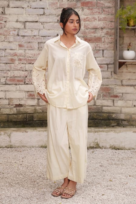 OurDve Floral Cutwork Shirt & Pant Set 