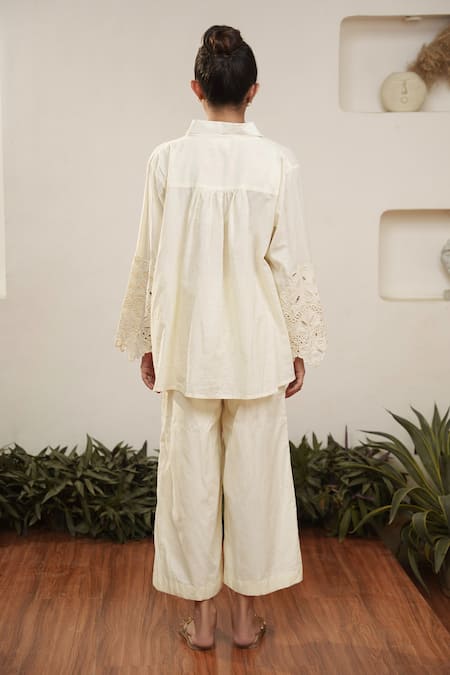Shop OurDve Beige Cotton Cut Work Collared Floral Shirt And Pant Set at Aza Fashions Shop_OurDve_Beige Cotton Cut Work Collared Floral Shirt And Pant Set _at_Aza_Fashions
