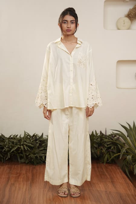 OurDve Beige Cotton Cut Work Collared Floral Shirt And Pant Set Online at Aza Fashions OurDve_Beige Cotton Cut Work Collared Floral Shirt And Pant Set _Online_at_Aza_Fashions