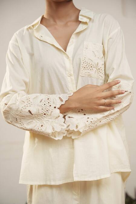 Buy OurDve Beige Cotton Cut Work Collared Floral Shirt And Pant Set Online at Aza Fashions Buy_OurDve_Beige Cotton Cut Work Collared Floral Shirt And Pant Set _Online_at_Aza_Fashions