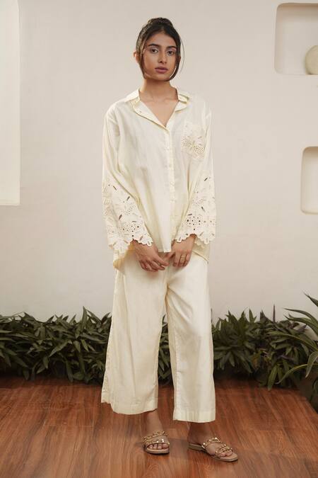 Shop OurDve Beige Cotton Cut Work Collared Floral Shirt And Pant Set Online at Aza Fashions Shop_OurDve_Beige Cotton Cut Work Collared Floral Shirt And Pant Set _Online_at_Aza_Fashions