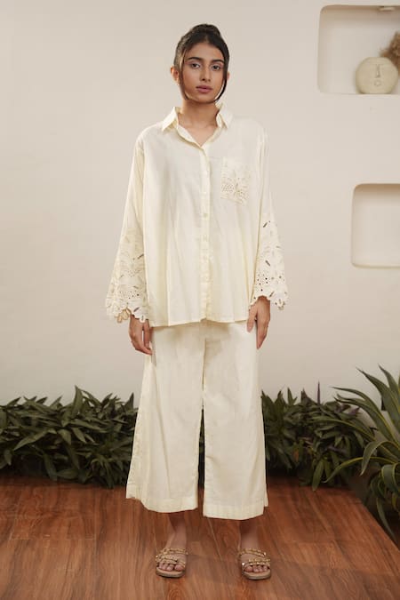 OurDve Beige Cotton Cut Work Collared Floral Shirt And Pant Set at Aza Fashions OurDve_Beige Cotton Cut Work Collared Floral Shirt And Pant Set _at_Aza_Fashions