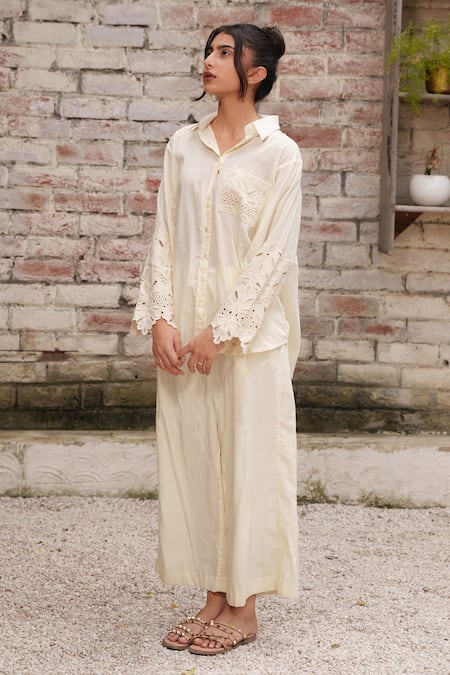 Buy OurDve Beige Cotton Cut Work Collared Floral Shirt And Pant Set Buy_OurDve_Beige Cotton Cut Work Collared Floral Shirt And Pant Set