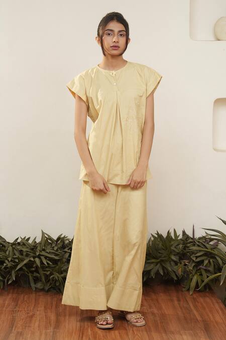 OurDve Brown Cotton Embroidery Collared Floral Cutwork Shirt And Pant Set Online at Aza Fashions OurDve_Brown Cotton Embroidery Collared Floral Cutwork Shirt And Pant Set _Online_at_Aza_Fashions