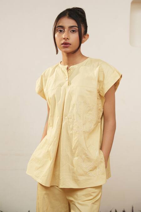 Shop OurDve Brown Cotton Embroidery Collared Floral Cutwork Shirt And Pant Set Online at Aza Fashions Shop_OurDve_Brown Cotton Embroidery Collared Floral Cutwork Shirt And Pant Set _Online_at_Aza_Fashions