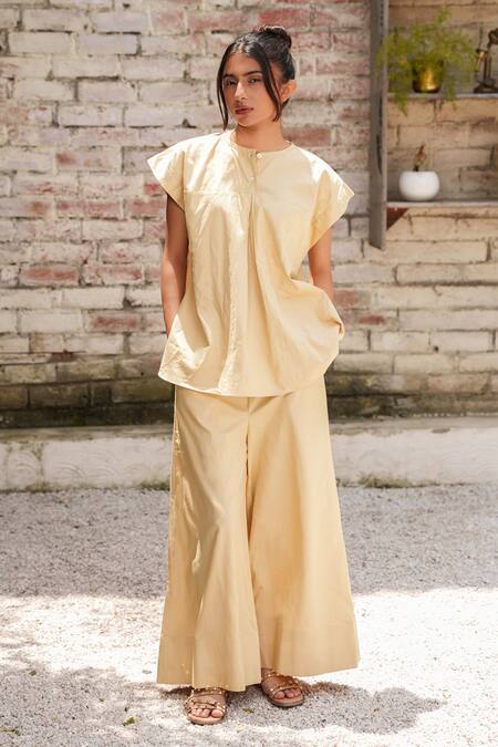 OurDve Brown Cotton Embroidery Collared Floral Cutwork Shirt And Pant Set at Aza Fashions OurDve_Brown Cotton Embroidery Collared Floral Cutwork Shirt And Pant Set _at_Aza_Fashions