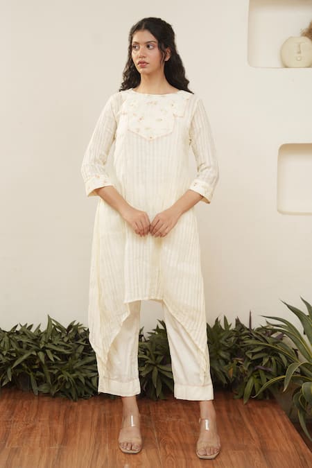 OurDve Beige Cotton Round Asymmetric Stripe Pattern Tunic And Pant Set 