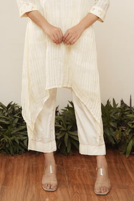 OurDve Beige Cotton Embroidery Round Neck Asymmetric Stripe Pattern Tunic And Pant Set Online at Aza Fashions OurDve_Beige Cotton Embroidery Round Neck Asymmetric Stripe Pattern Tunic And Pant Set _Online_at_Aza_Fashions