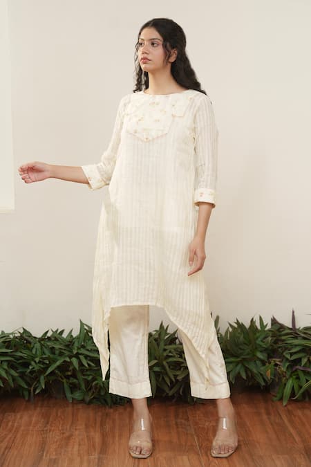 Buy OurDve Beige Cotton Embroidery Round Neck Asymmetric Stripe Pattern Tunic And Pant Set Online at Aza Fashions Buy_OurDve_Beige Cotton Embroidery Round Neck Asymmetric Stripe Pattern Tunic And Pant Set _Online_at_Aza_Fashions