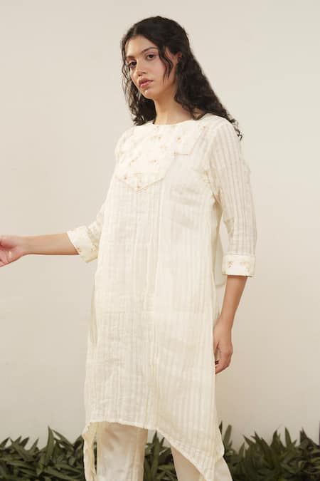 Shop OurDve Beige Cotton Embroidery Round Neck Asymmetric Stripe Pattern Tunic And Pant Set Online at Aza Fashions Shop_OurDve_Beige Cotton Embroidery Round Neck Asymmetric Stripe Pattern Tunic And Pant Set _Online_at_Aza_Fashions