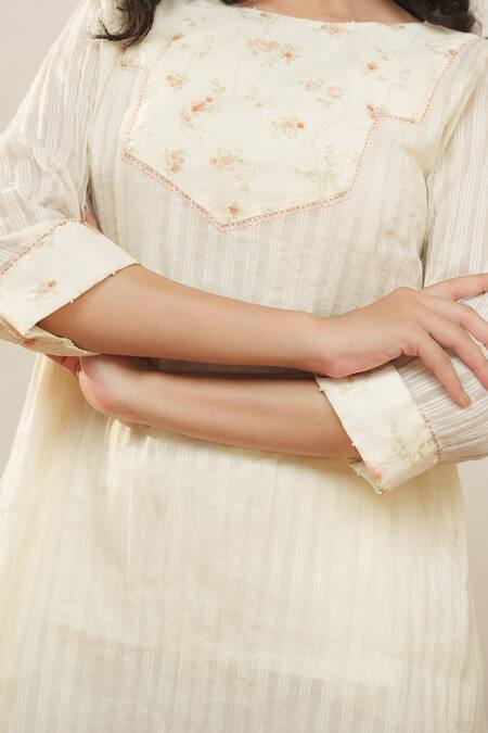 OurDve Beige Cotton Embroidery Round Neck Asymmetric Stripe Pattern Tunic And Pant Set at Aza Fashions OurDve_Beige Cotton Embroidery Round Neck Asymmetric Stripe Pattern Tunic And Pant Set _at_Aza_Fashions