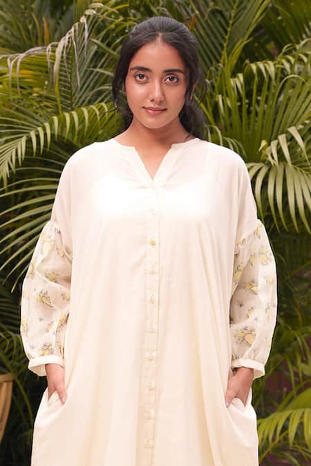 Shop_Ourdve_Yellow Cotton, Chanderi Split V-neck Button Down Floral Sleeve Dress _at_Aza_Fashions