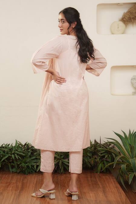 Shop OurDve Pink Cotton Embroidery V-neck Floral Neckline Kurta And Pant Set at Aza Fashions Shop_OurDve_Pink Cotton Embroidery V-neck Floral Neckline Kurta And Pant Set _at_Aza_Fashions