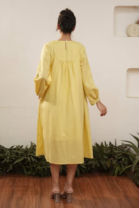 Shop_Ourdve_Yellow Cotton Embroidered Floral V Neck Neckline Dress _at_Aza_Fashions