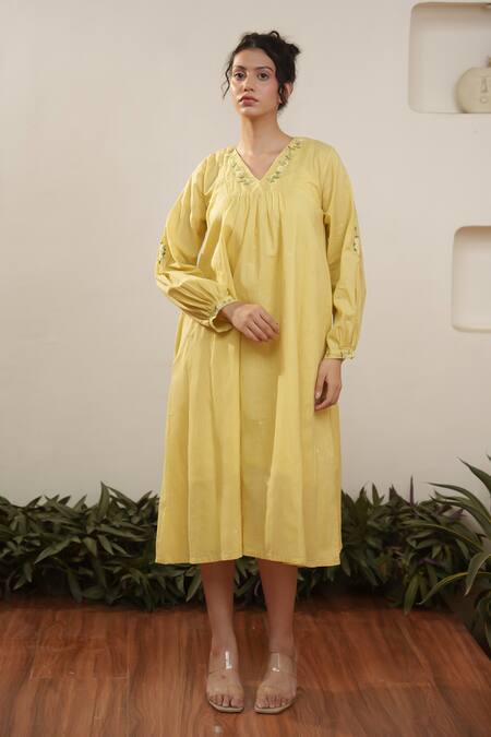 Ourdve_Yellow Cotton Embroidered Floral V Neck Neckline Dress _Online_at_Aza_Fashions