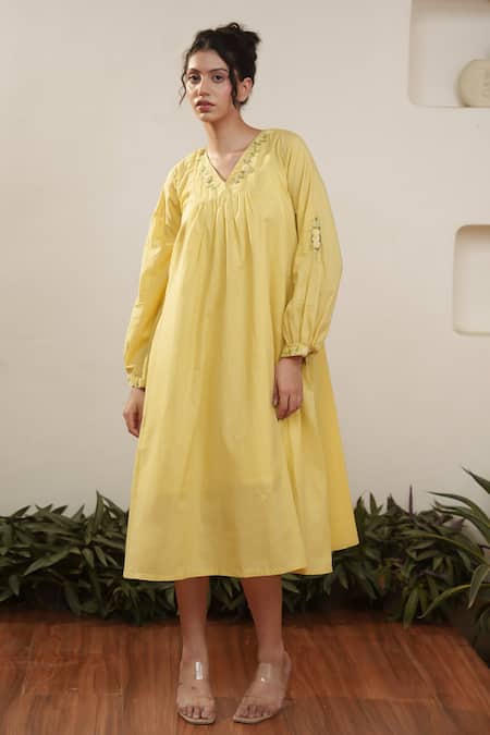 Buy_Ourdve_Yellow Cotton Embroidered Floral V Neck Neckline Dress _Online_at_Aza_Fashions
