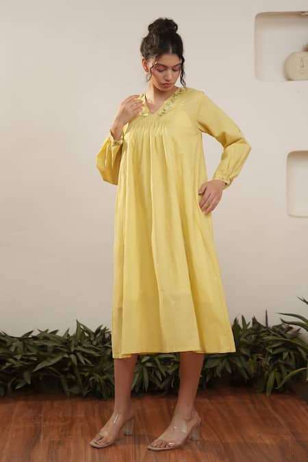 Shop_Ourdve_Yellow Cotton Embroidered Floral V Neck Neckline Dress _Online_at_Aza_Fashions