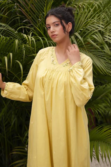 Ourdve_Yellow Cotton Embroidered Floral V Neck Neckline Dress _at_Aza_Fashions