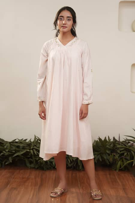 OurDve Pink Cotton Embroidered Floral V Neck Neckline Midi Dress 