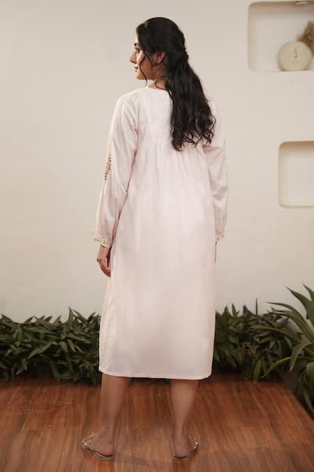 Shop_Ourdve_Pink Cotton Embroidery V-neck Neckline Midi Dress _at_Aza_Fashions