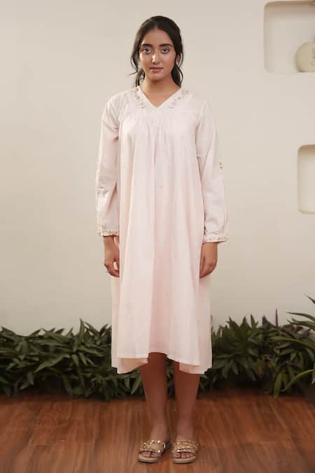 Ourdve_Pink Cotton Embroidery V-neck Neckline Midi Dress _Online_at_Aza_Fashions