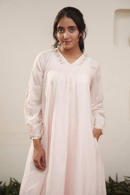 Buy_Ourdve_Pink Cotton Embroidery V-neck Neckline Midi Dress _Online_at_Aza_Fashions