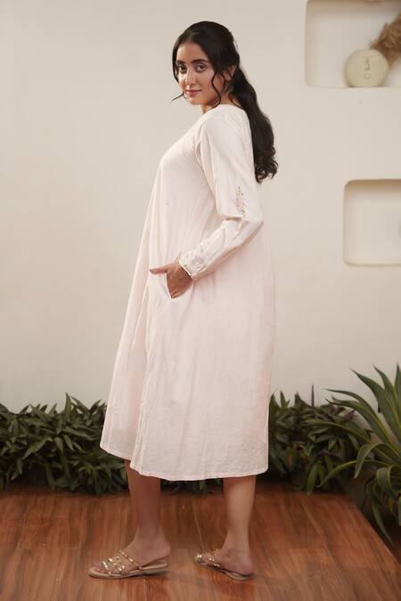 Shop_Ourdve_Pink Cotton Embroidery V-neck Neckline Midi Dress _Online_at_Aza_Fashions