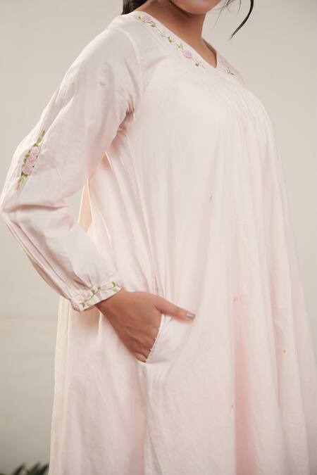 Ourdve_Pink Cotton Embroidery V-neck Neckline Midi Dress _at_Aza_Fashions