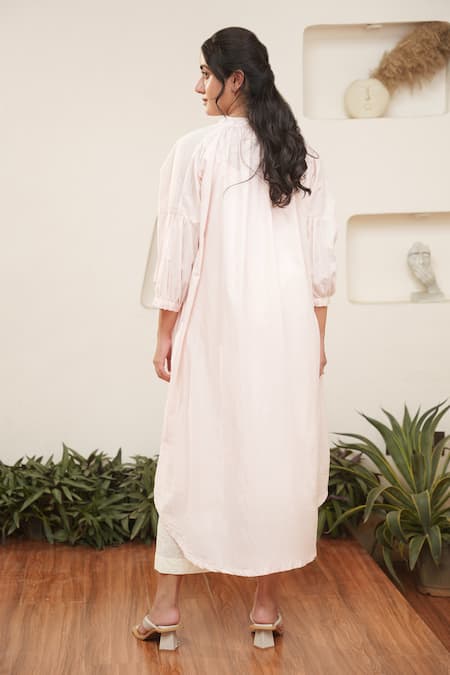 Shop_Ourdve_Pink Cotton Pearls Split V-neck Floral Embroidered Kurta And Pant Set _at_Aza_Fashions