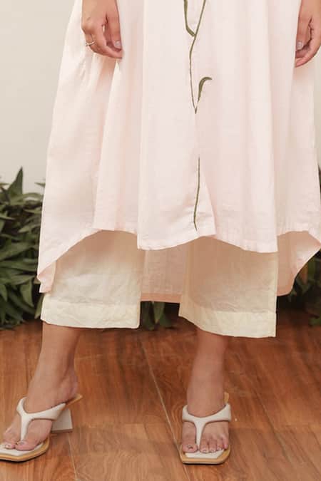 Ourdve_Pink Cotton Pearls Split V-neck Floral Embroidered Kurta And Pant Set _Online_at_Aza_Fashions