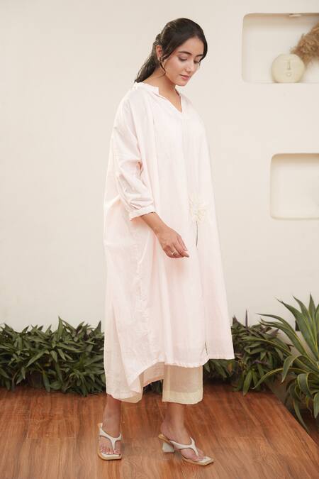 Shop_Ourdve_Pink Cotton Pearls Split V-neck Floral Embroidered Kurta And Pant Set _Online_at_Aza_Fashions
